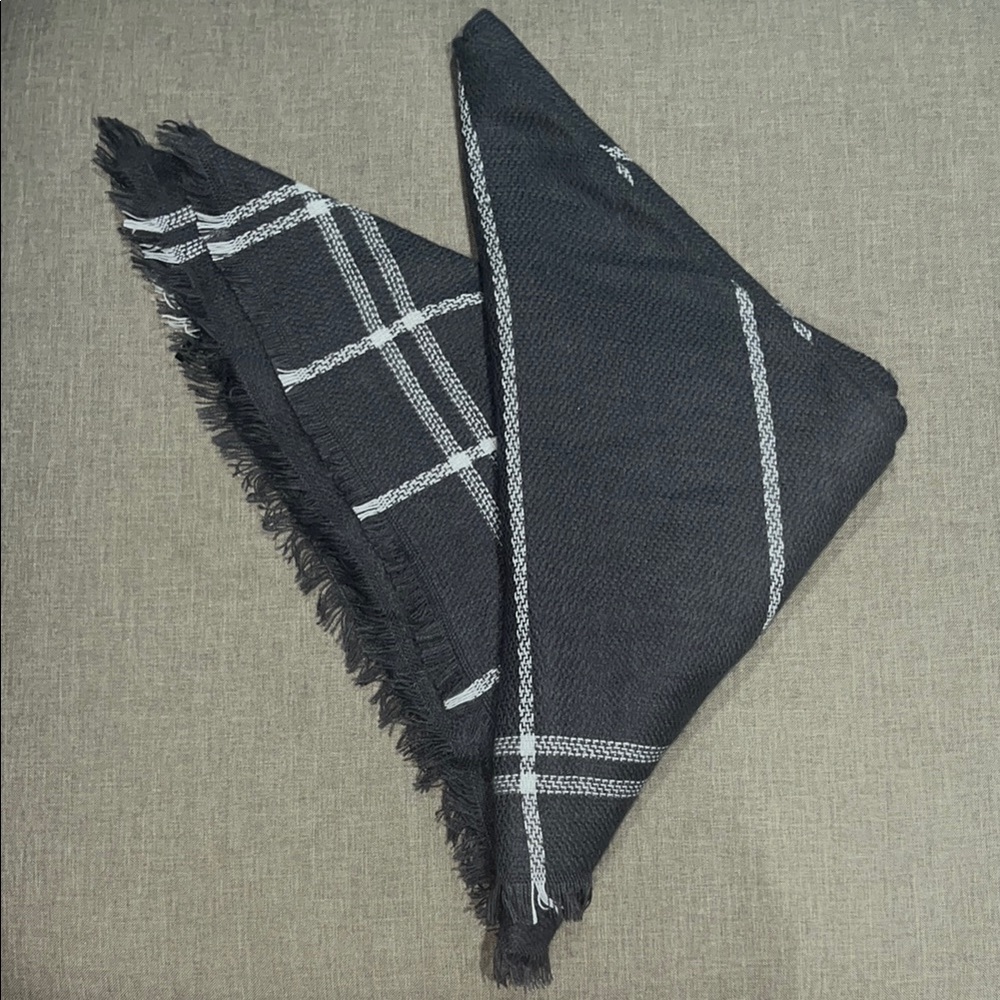 Black and Gray Plaid Scarf with Frayed Edges